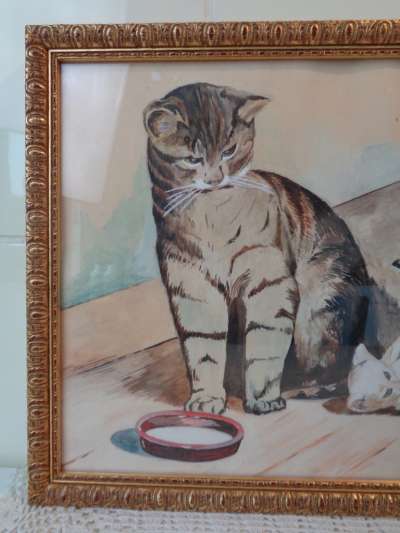 Gesigneerde tekening of schildering met katten uit 1954