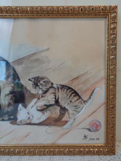 Gesigneerde tekening of schildering met katten uit 1954