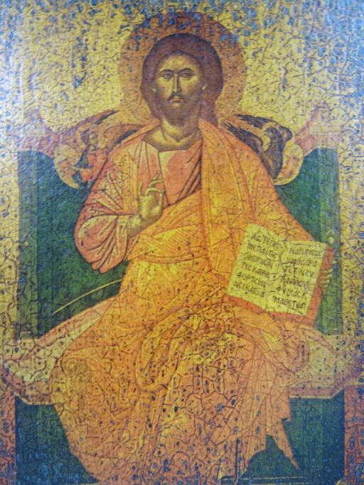 Houten icoon Christus op troon