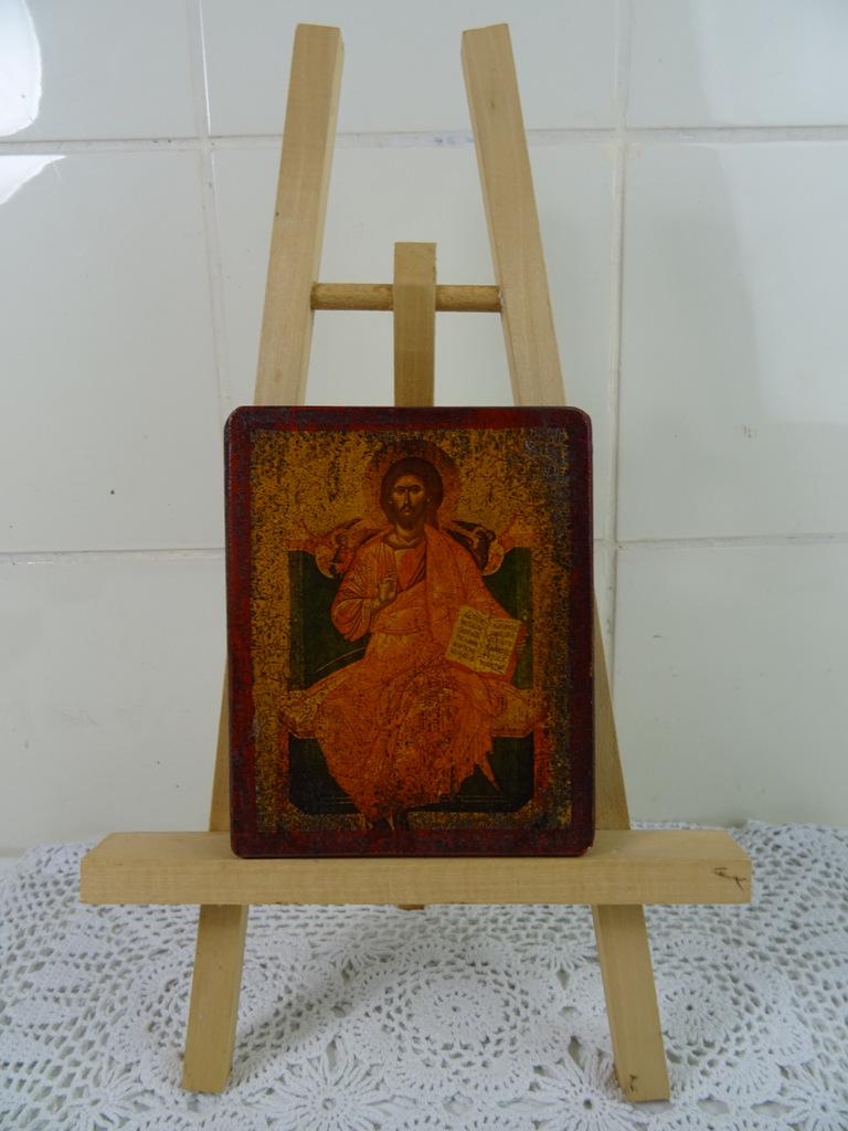 Houten icoon Christus op troon