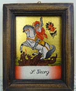 Icoon Sint Joris en de draak geschilderd achter glas