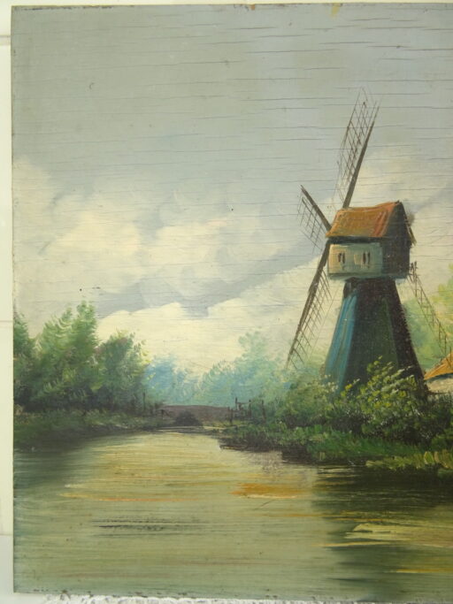 Alternative view of Olieverf op houten paneel, Molen aan het water