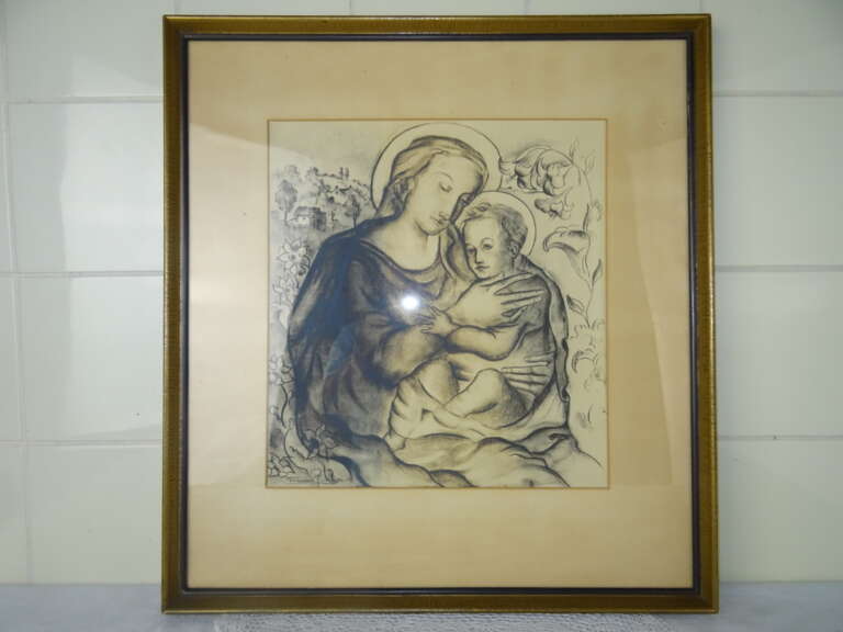 Antieke tekening Maria en Jezus in lijst
