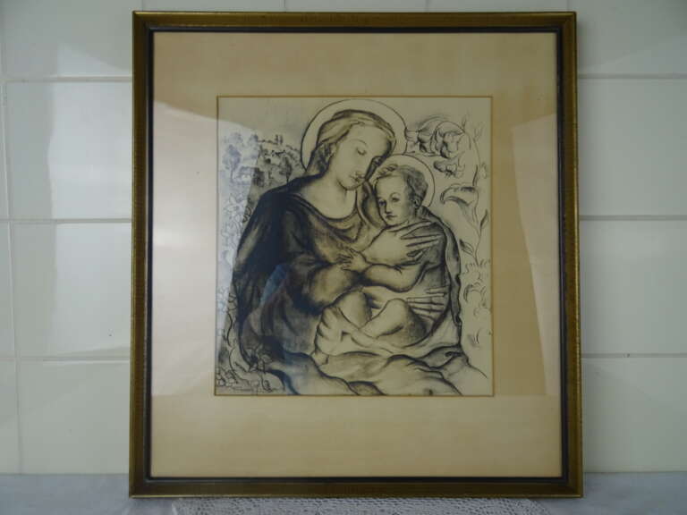 Antieke tekening Maria en Jezus in lijst