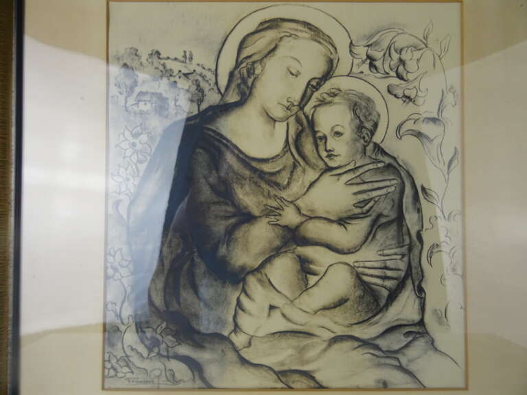 Antieke tekening Maria en Jezus in lijst