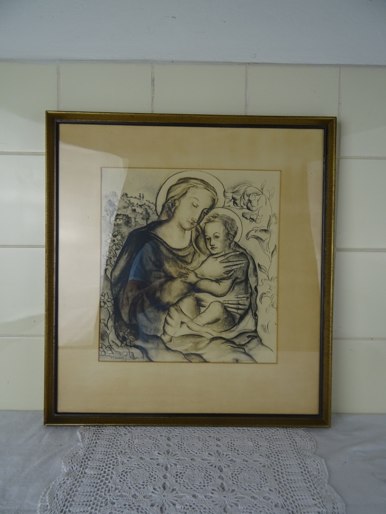 Antieke tekening Maria en Jezus in lijst - Afbeelding 4