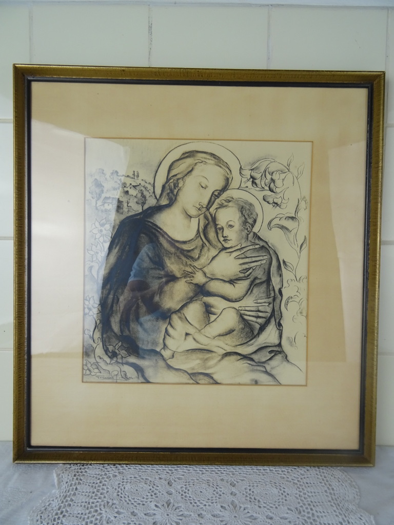 Antieke tekening Maria en Jezus in lijst - Afbeelding 5