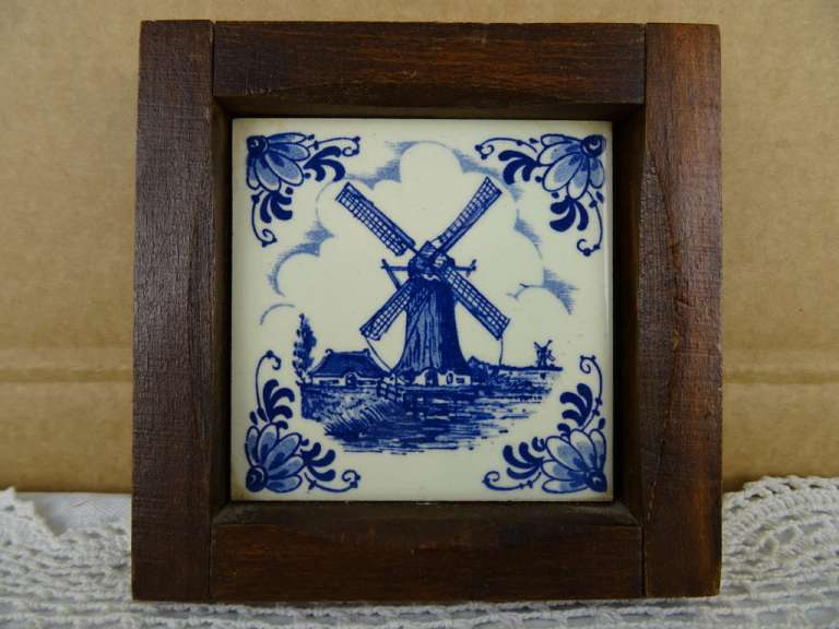 Antiek Delfts blauw tegeltje met molen