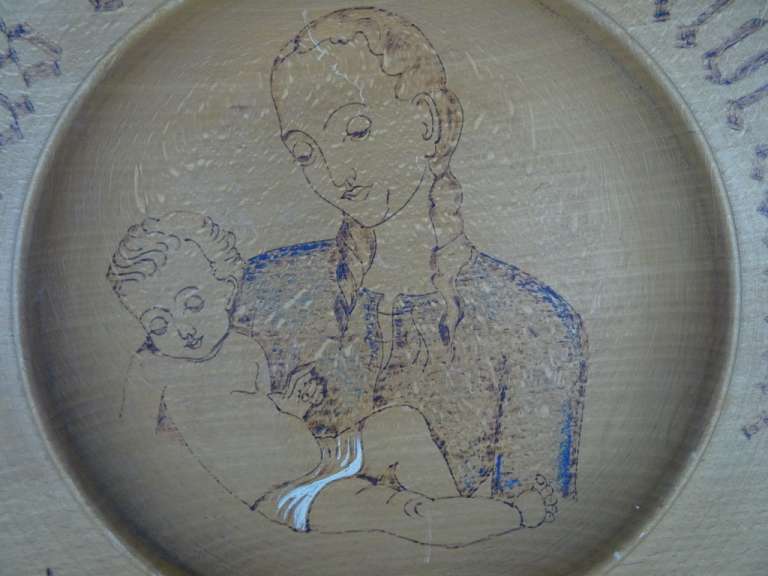 Antiek houten wandbord moeder en kind