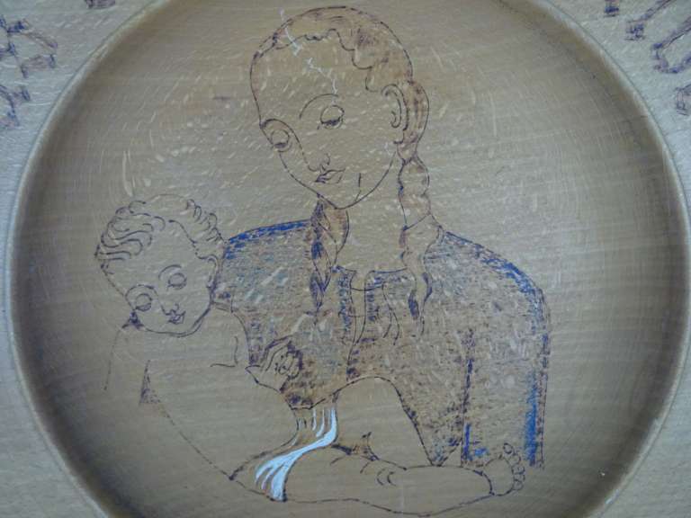 Antiek houten wandbord moeder en kind
