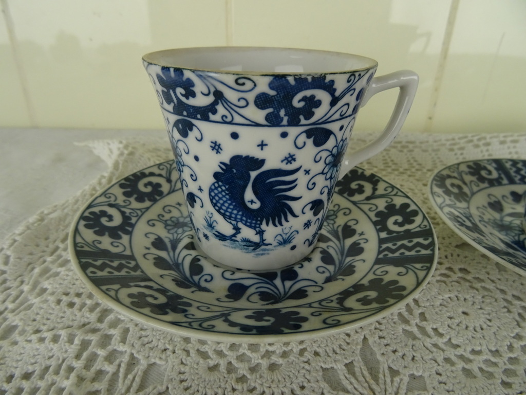 Antieke kop en schotels met Pauw - Afbeelding 3