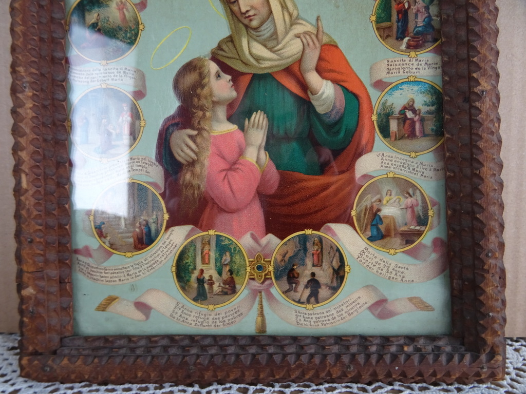 Antieke religieuze prent in Tramp art lijst - Afbeelding 3