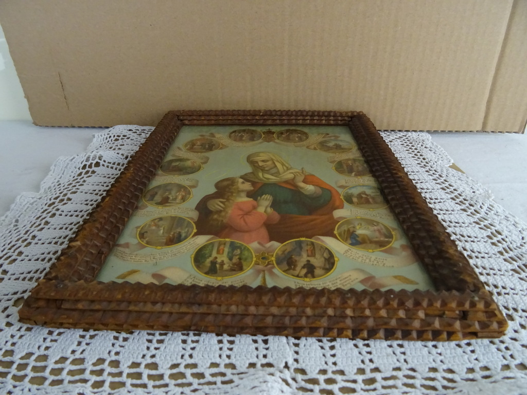 Antieke religieuze prent in Tramp art lijst - Afbeelding 6