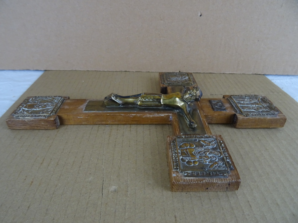 Antiek houten kruis met koperbeslag - Afbeelding 8