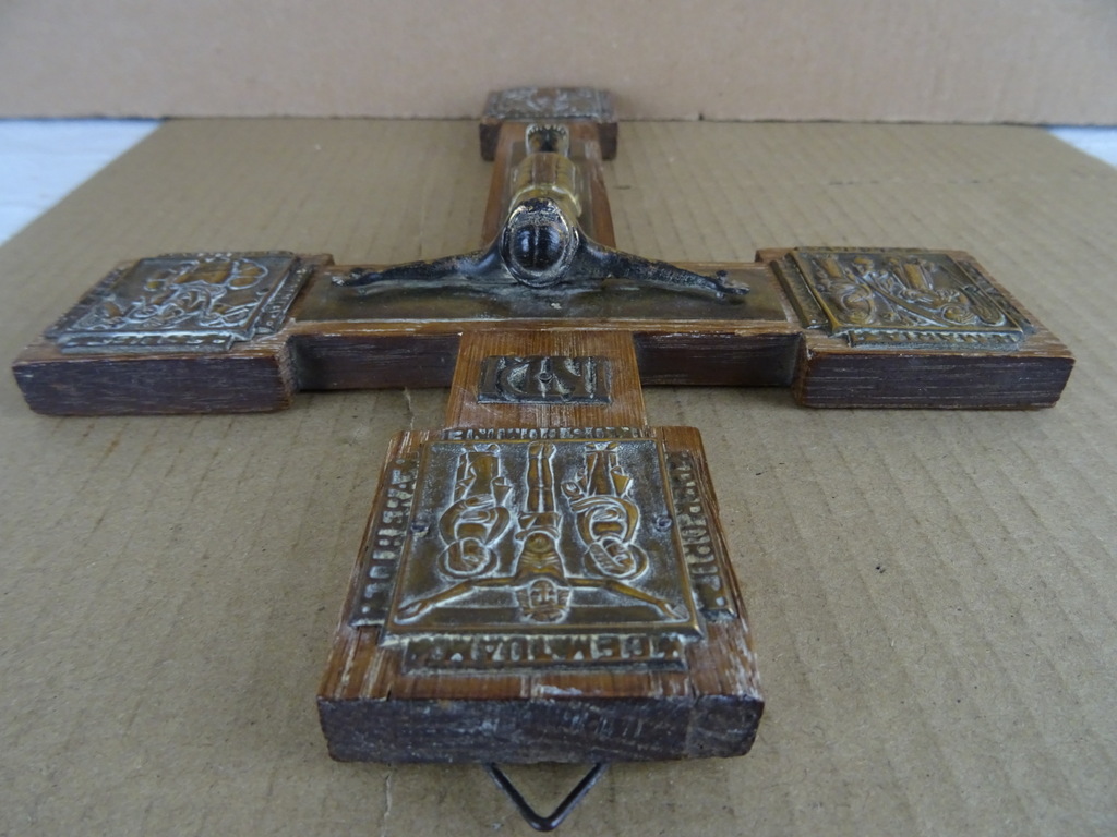 Antiek houten kruis met koperbeslag - Afbeelding 9