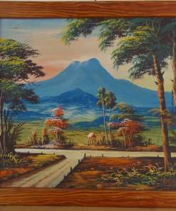 Kleurrijk schilderij met berg en zonsondergang