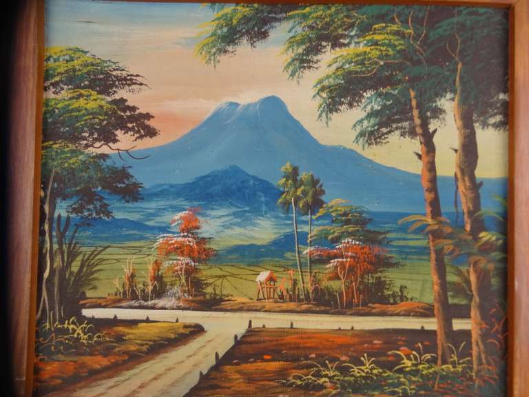 Kleurrijk schilderij met berg