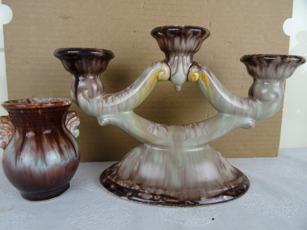 Antiek of vintage aardewerk kandelaar en vaasje - Afbeelding 20