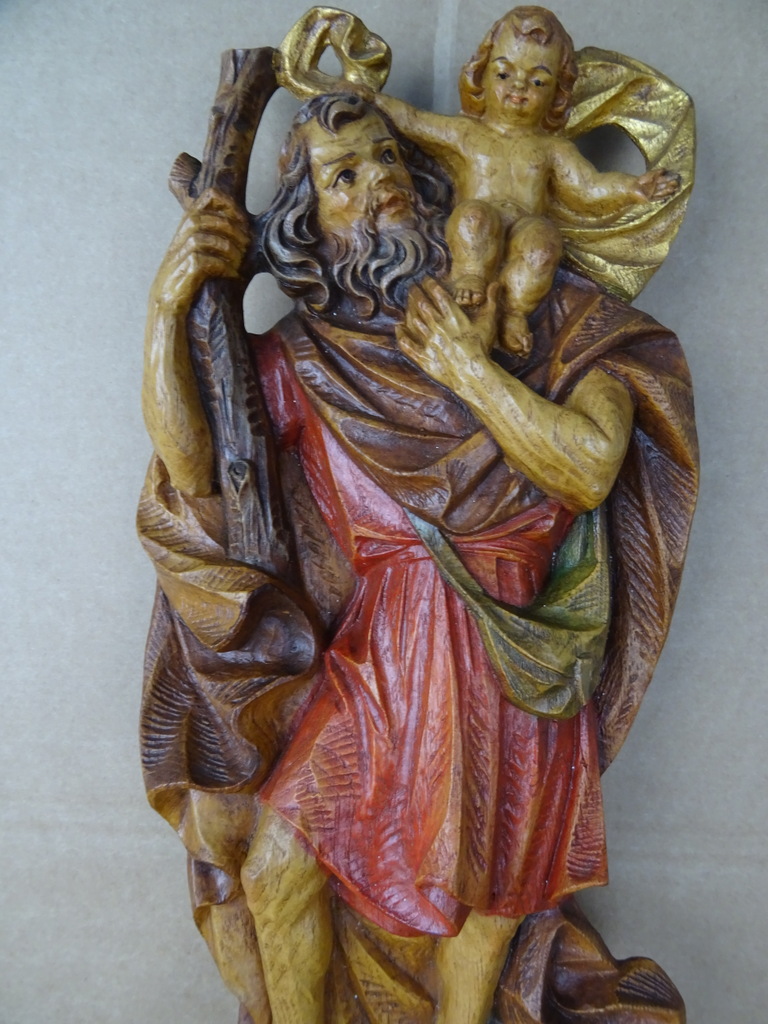 Antiek houten beeld Heilige Christoffel - Afbeelding 2