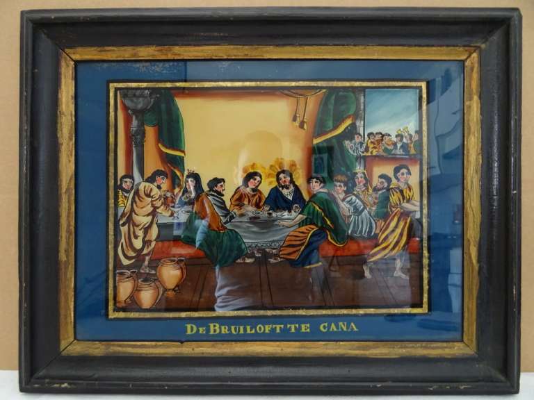 Antieke schildering achter glas De bruiloft te Cana