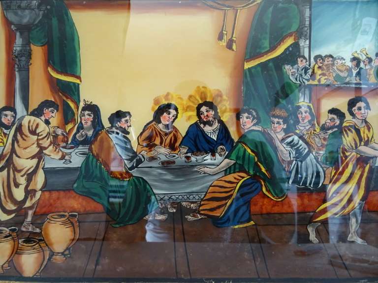 Antiek schilderij achter glas De bruiloft te Cana
