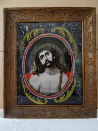 Antieke schildering achter glas Jezus