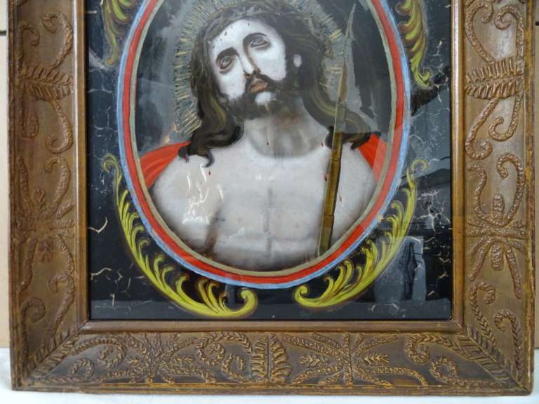 Antiek schilderij achter glas Jezus