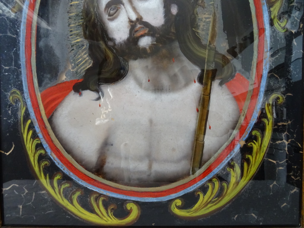 Antiek schilderij geschilderd achter glas Jezus Antiek schilderij geschilderd achter glas Jezus