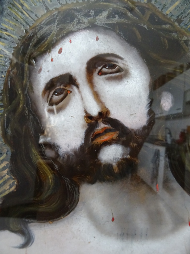 Antiek schilderij geschilderd achter glas Jezus Antiek schilderij geschilderd achter glas Jezus