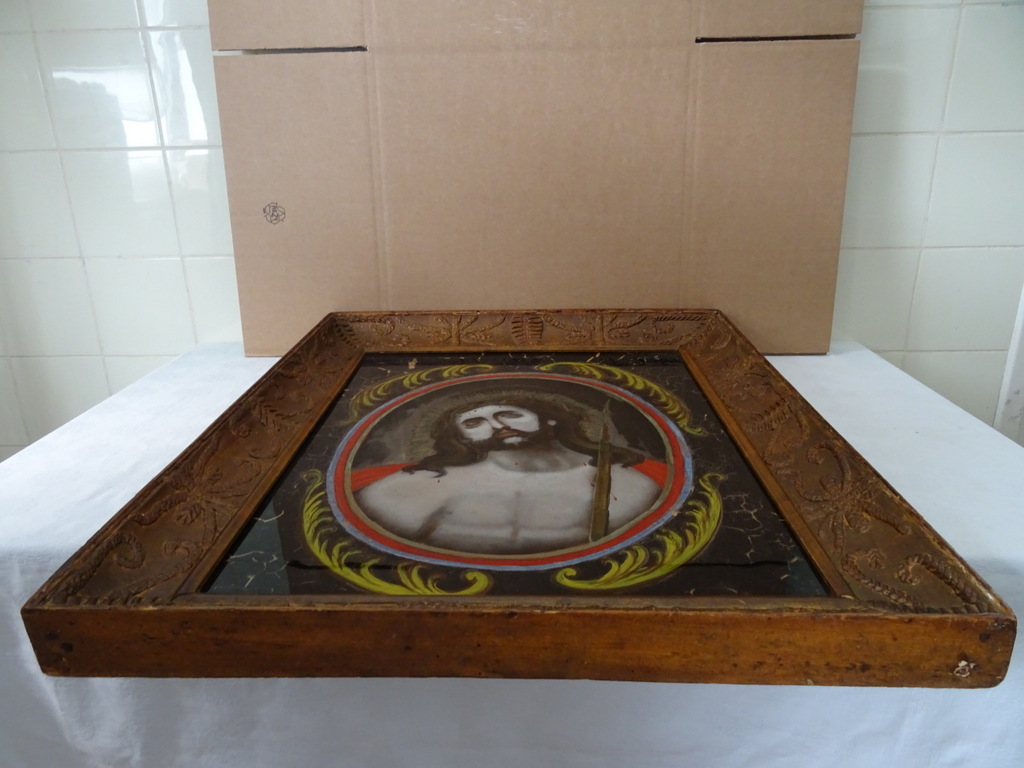 Antiek schilderij geschilderd achter glas Jezus Antiek schilderij geschilderd achter glas Jezus