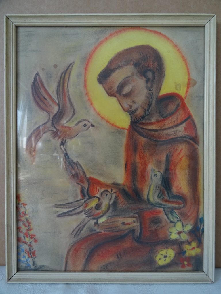 Antieke tekening Heilige Franciscus met duiven