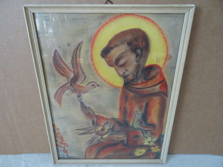 Antieke tekening Heilige Franciscus met duiven