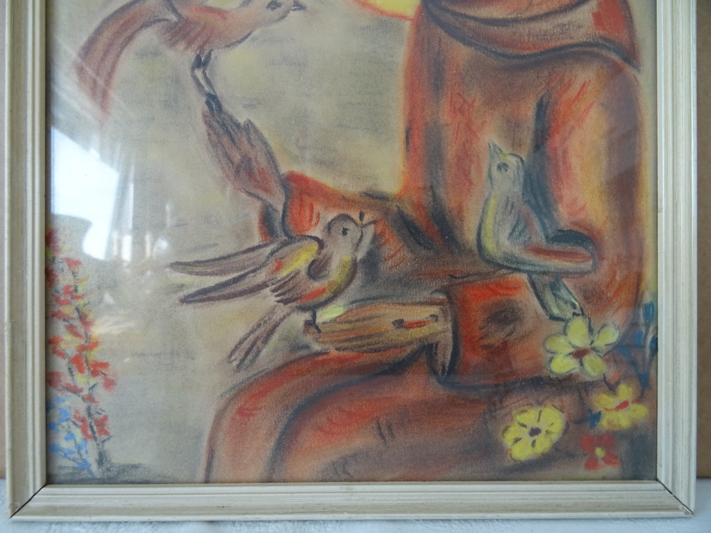 Antieke tekening Heilige Franciscus met duiven - Afbeelding 4