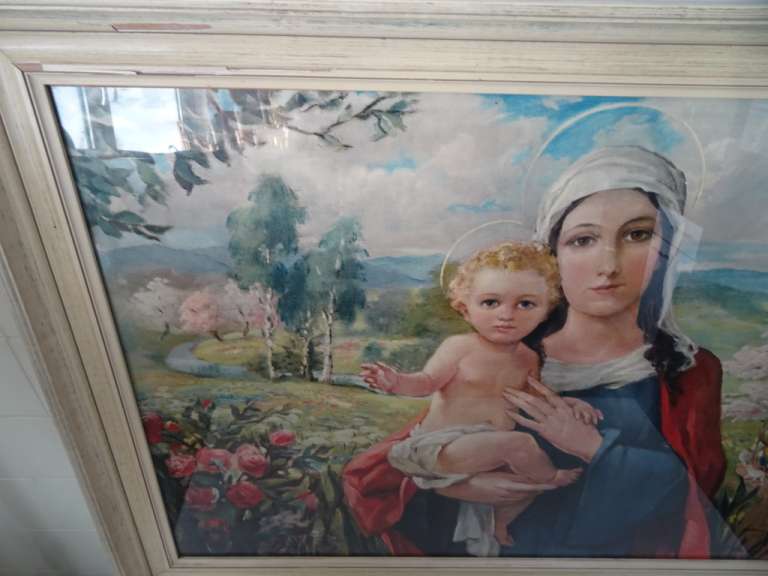 Enorme antieke prent Madonna met kind