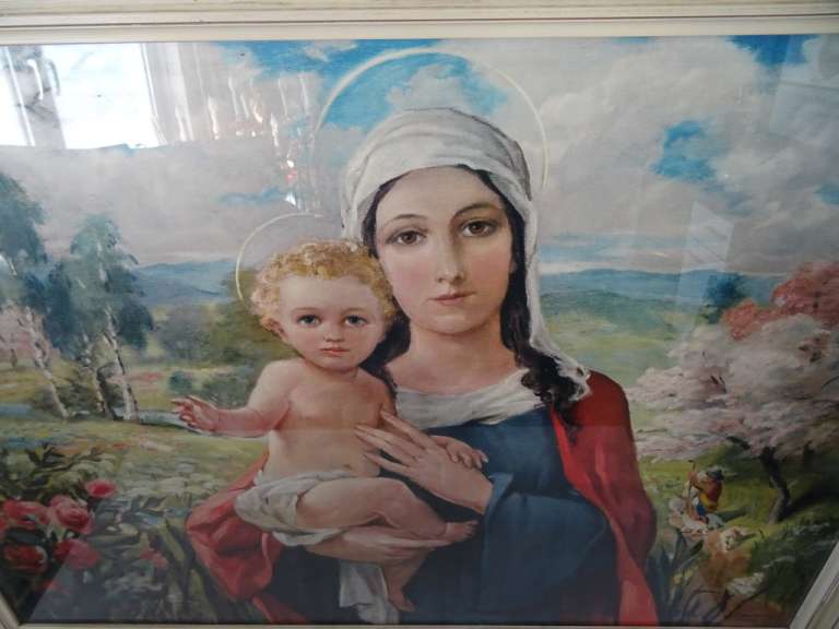 Enorme antieke prent Madonna met kind