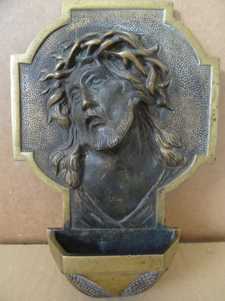 Antiek bronzen wijwaterbakje Jezus Christus - Afbeelding 11