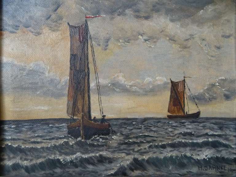 Antiek schilderij H. Jahnke Vissersboten