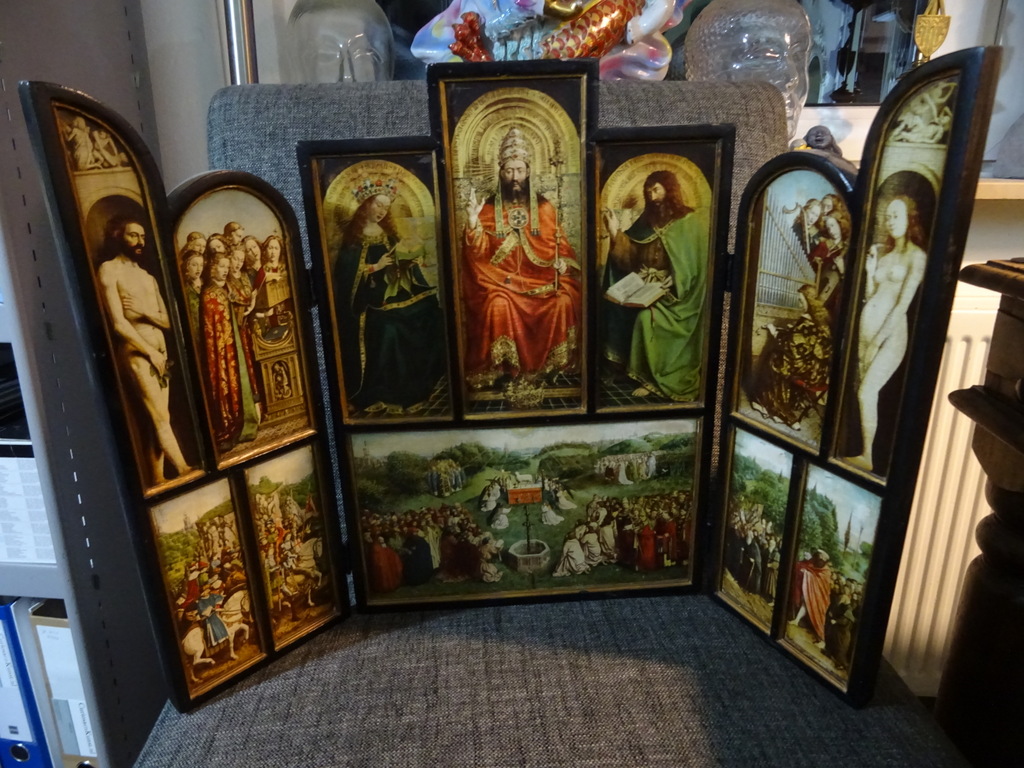 Antiek drieluik de Aanbidding van het Lam Gods - Afbeelding 3