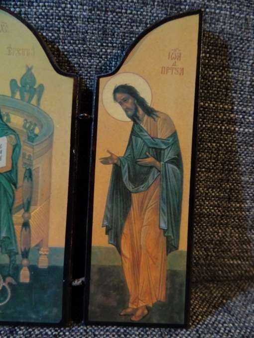 Antiek drieluik icoon Jezus Christus op troon
