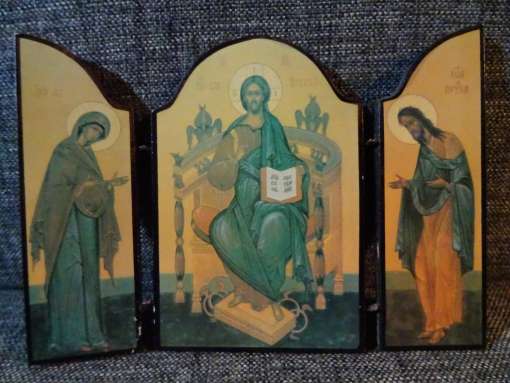 Antiek drieluik icoon Jezus Christus op troon