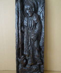 Large antique wood carving of Archangel Michael and dragon