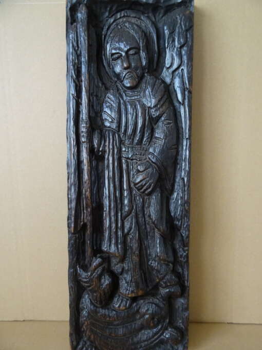 Large antique wood carving of Archangel Michael and dragon