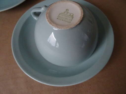 Antieke pastel blauwe kop en schotels Petrus Regout & Co