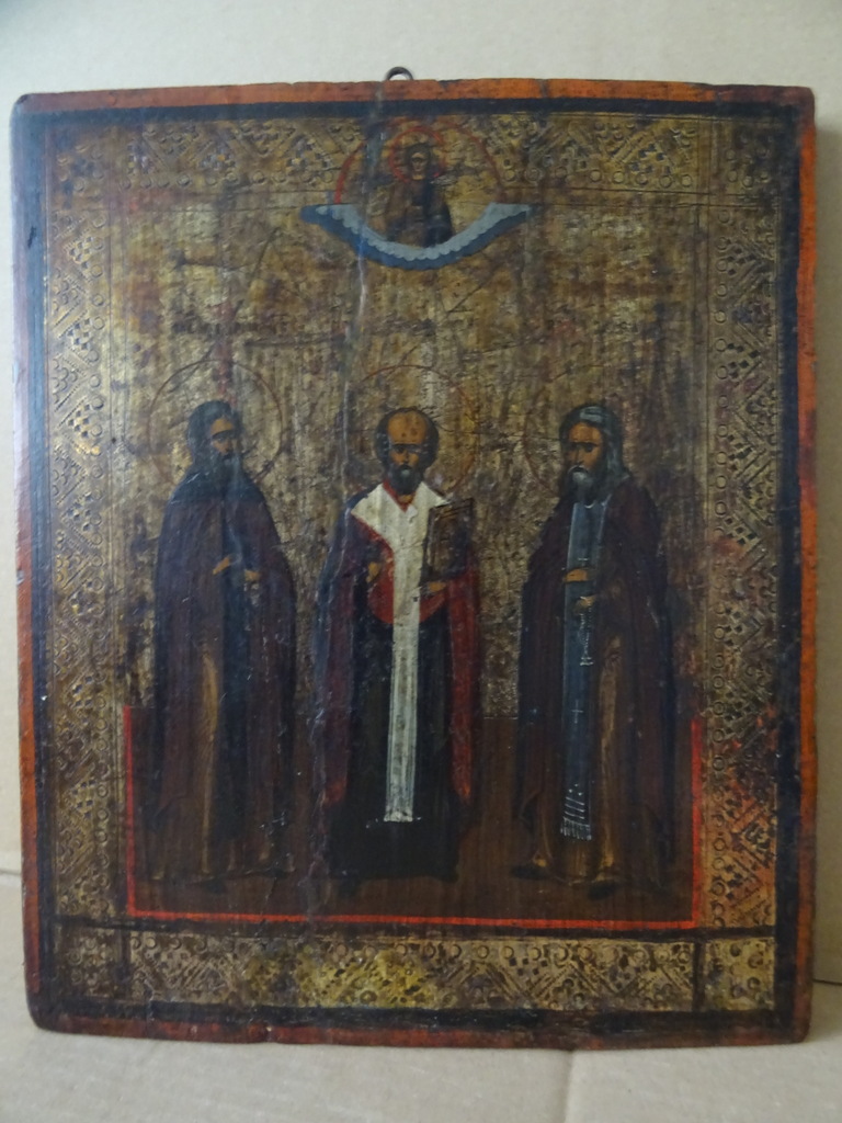 Antiek orthodox icoon de Drie Heilige Hiërarchen