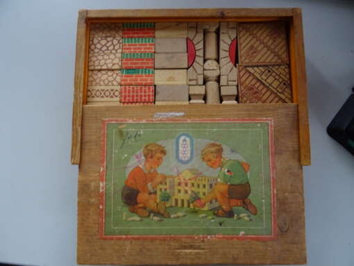 Vintage houten blokkendoos compleet