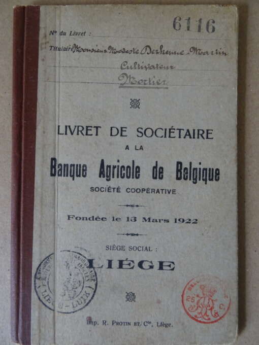 Antiek Livret de sociétaire a la Banque Agricole de Belgique