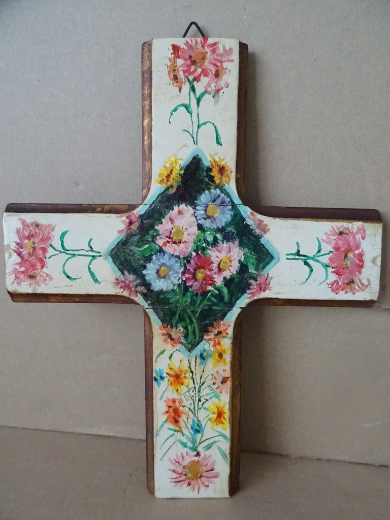 Antiek houten kruis beschilderd met bloemen 28cm