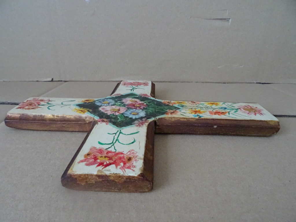 Antiek houten kruis beschilderd met bloemen 28cm - Afbeelding 8