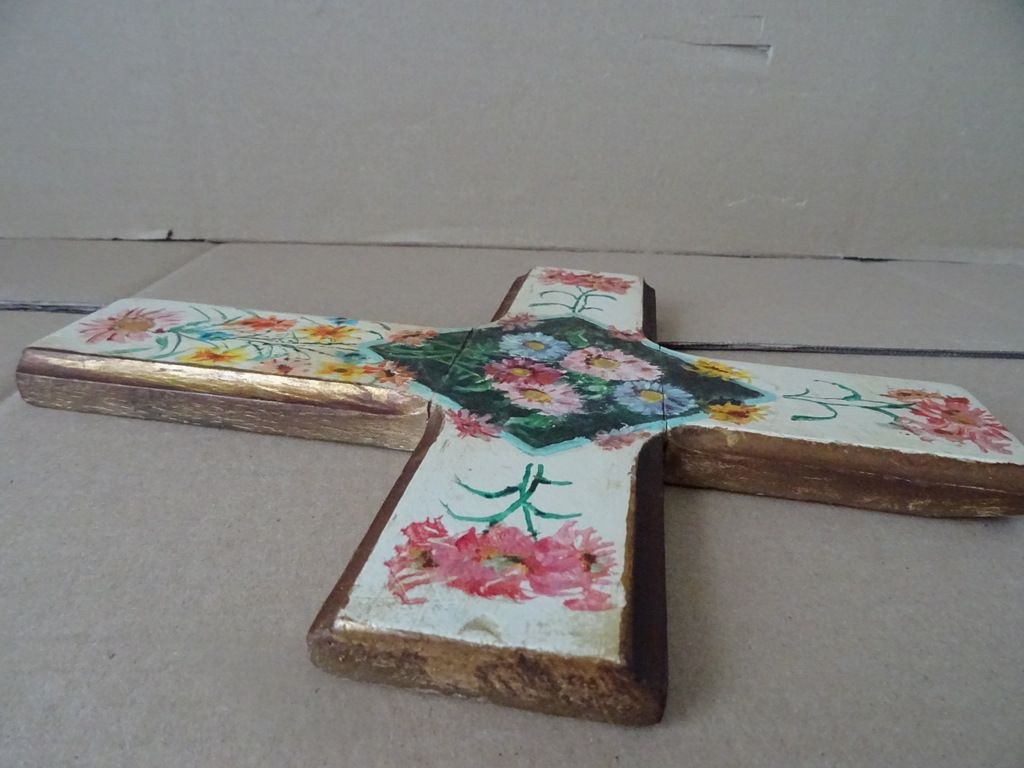 Antiek houten kruis beschilderd met bloemen 28cm - Afbeelding 10
