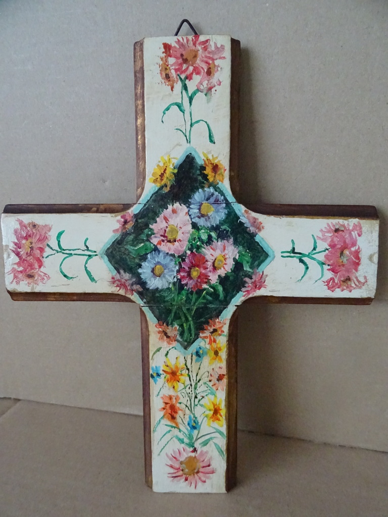 Antiek houten kruis beschilderd met bloemen 28cm - Afbeelding 15